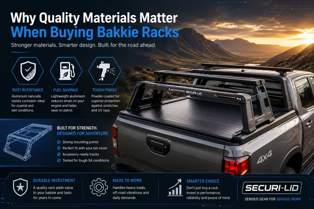 A rugged silver pickup truck fitted with premium aluminium bakkie racks and a Securi-Lid cargo system parked against a dramatic South African mountain landscape at sunset. The design includes advanced blue tech-inspired graphics and visual callouts highlighting key benefits such as rust resistance, fuel savings, tough powder-coated finish, durable construction, strong mounting points, and off-road capability. Headline reads: Why Quality Materials Matter When Buying Bakkie Racks.