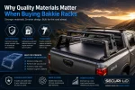A rugged silver pickup truck fitted with premium aluminium bakkie racks and a Securi-Lid cargo system parked against a dramatic South African mountain landscape at sunset. The design includes advanced blue tech-inspired graphics and visual callouts highlighting key benefits such as rust resistance, fuel savings, tough powder-coated finish, durable construction, strong mounting points, and off-road capability. Headline reads: Why Quality Materials Matter When Buying Bakkie Racks.