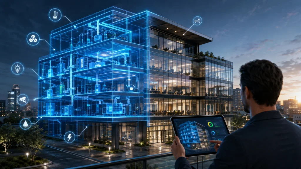Photorealistic futuristic commercial office building shown as both a real-world structure and a glowing digital twin. The left side of the building appears as a transparent blue holographic model revealing internal systems such as HVAC, electrical networks, lighting, water infrastructure, and smart sensors, while the right side displays the completed physical building with illuminated office spaces. A property manager in the foreground holds a tablet displaying the building's digital twin model, symbolizing real-time monitoring, predictive maintenance, energy optimization, and smart property management. The scene is set at dusk in a modern urban environment with advanced technology visualization, highlighting the integration of IoT, AI, cloud computing, and digital twin technology in commercial real estate operations.