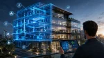 Photorealistic futuristic commercial office building shown as both a real-world structure and a glowing digital twin. The left side of the building appears as a transparent blue holographic model revealing internal systems such as HVAC, electrical networks, lighting, water infrastructure, and smart sensors, while the right side displays the completed physical building with illuminated office spaces. A property manager in the foreground holds a tablet displaying the building's digital twin model, symbolizing real-time monitoring, predictive maintenance, energy optimization, and smart property management. The scene is set at dusk in a modern urban environment with advanced technology visualization, highlighting the integration of IoT, AI, cloud computing, and digital twin technology in commercial real estate operations.