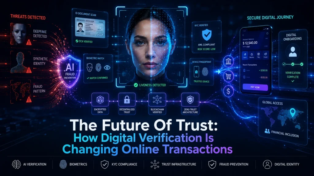 Futuristic digital verification interface showing AI-powered biometric facial recognition, liveness detection, KYC authentication, document verification, fraud prevention systems, and secure online transaction technology with cybersecurity and fintech elements representing the future of digital trust infrastructure.