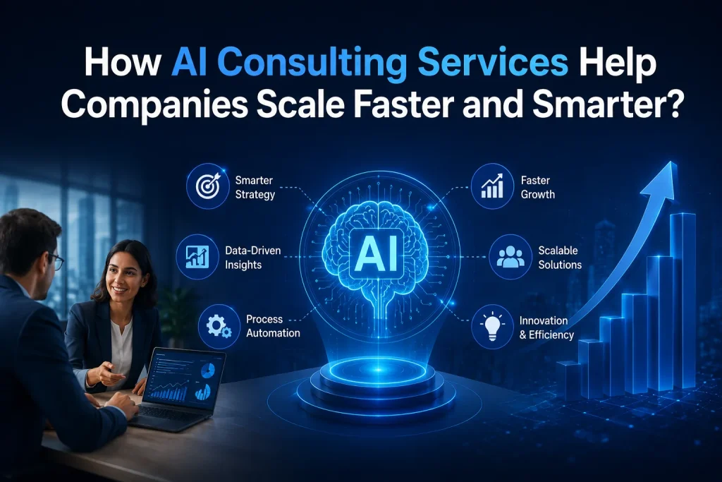 How AI Consulting Services Help Companies Scale Faster and Smarter. Featured image showing two business professionals discussing AI strategy in a modern office while reviewing analytics on a laptop. At the center, a glowing futuristic AI brain interface is connected to business growth concepts including smarter strategy, data-driven insights, process automation, faster growth, scalable solutions, and innovation efficiency. A rising digital bar chart with an upward arrow symbolizes business scaling, automation, and AI-driven growth in a blue high-tech corporate environment.