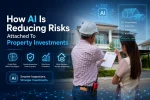 Senior home inspector explaining inspection results to a homeowner outside a modern residential property while AI-powered digital overlays display property risk analysis, smart inspection metrics, predictive insights, and real estate technology visuals illustrating how artificial intelligence reduces risks in property investments.