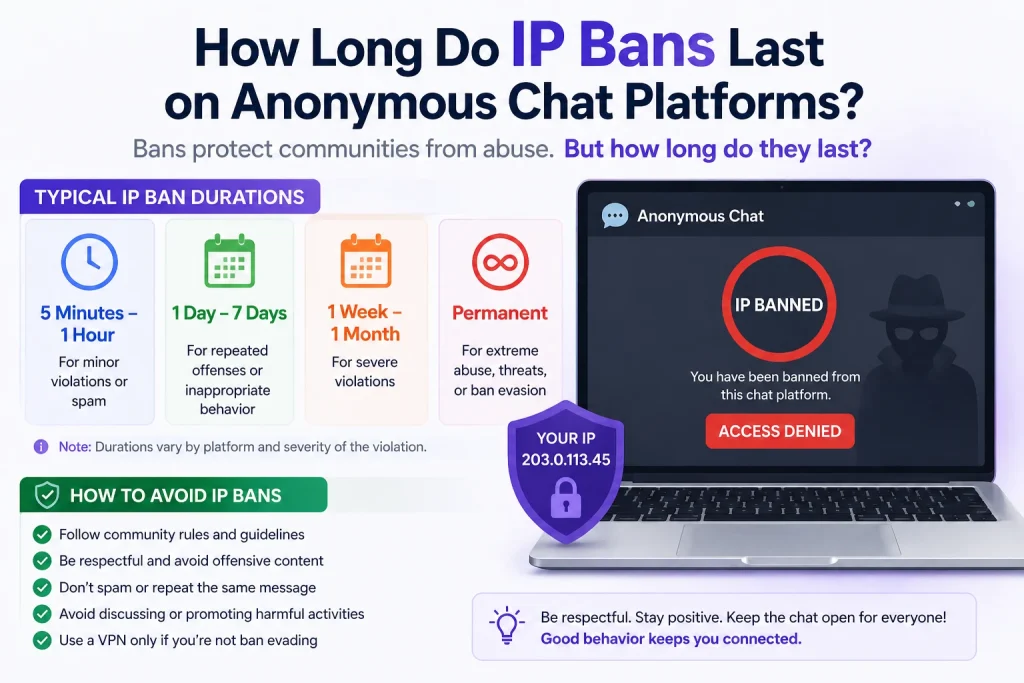 Featured image titled “How Long Do IP Bans Last on Anonymous Chat Platforms?” showing an infographic about anonymous chat platform IP ban durations and moderation rules. The image explains that bans protect communities from abuse and outlines common IP ban lengths including 5 minutes to 1 hour for minor violations or spam, 1 day to 7 days for repeated offenses or inappropriate behavior, 1 week to 1 month for severe violations, and permanent bans for extreme abuse, threats, or ban evasion. On the right side, a laptop screen displays an anonymous chat platform warning with a red “IP BANNED” message, “Access Denied” button, and text stating “You have been banned from this chat platform,” alongside a shadowy anonymous user figure. A shield icon in front of the laptop displays an IP address. The infographic also includes tips on how to avoid IP bans such as following community rules, being respectful, avoiding offensive content, not spamming messages, avoiding harmful activities, and using VPNs responsibly. A footer note says “Be respectful. Stay positive. Keep the chat open for everyone! Good behavior keeps you connected.”
