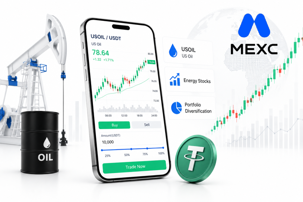 MEXC mobile app interface displaying a live USOIL to USDT candlestick chart next to a digital oil barrel and a Tether token.