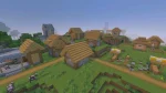 Minecraft Bedrock Edition village rendered with Vibrant Visuals enabled on Android, featuring enhanced lighting, soft atmospheric haze, detailed terrain shadows, wooden village houses, farms, and improved environmental graphics rendering.