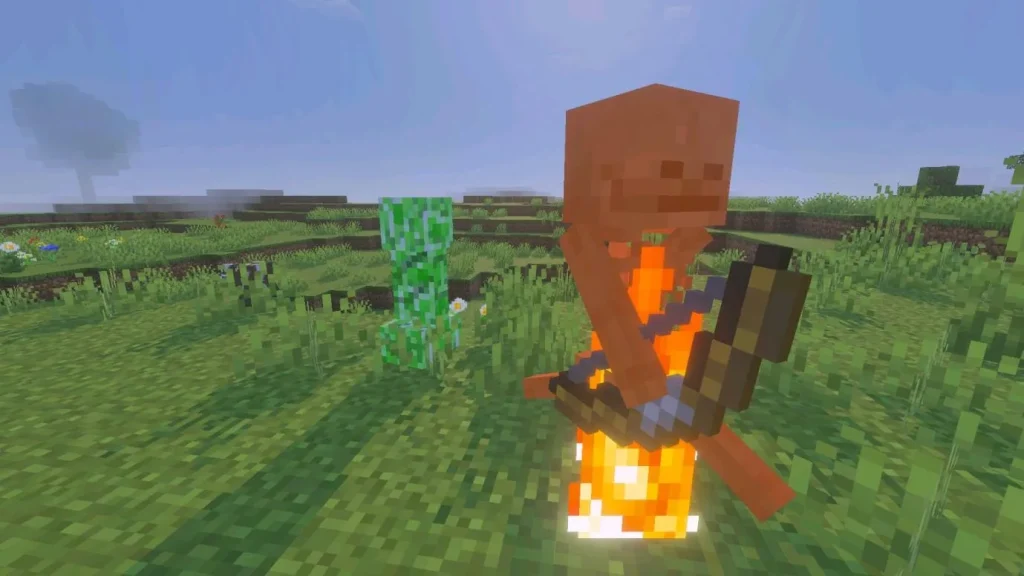 Minecraft Vibrant Visuals graphics mode on Android displaying a burning skeleton mob and a Creeper in a grassy plains biome with dynamic sunlight, realistic shadow depth, glowing fire effects, and enhanced fog rendering in Bedrock Edition.
