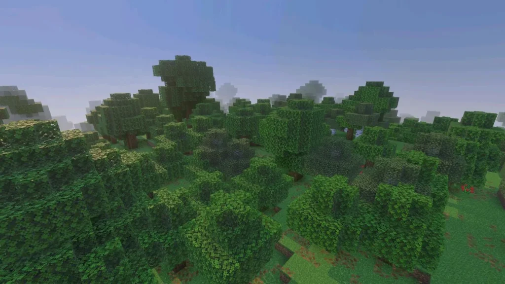 Minecraft forest biome with Vibrant Visuals activated on Android featuring dense green trees, enhanced foliage shading, atmospheric distance fog, realistic sunlight diffusion, and improved Bedrock Edition environmental lighting.