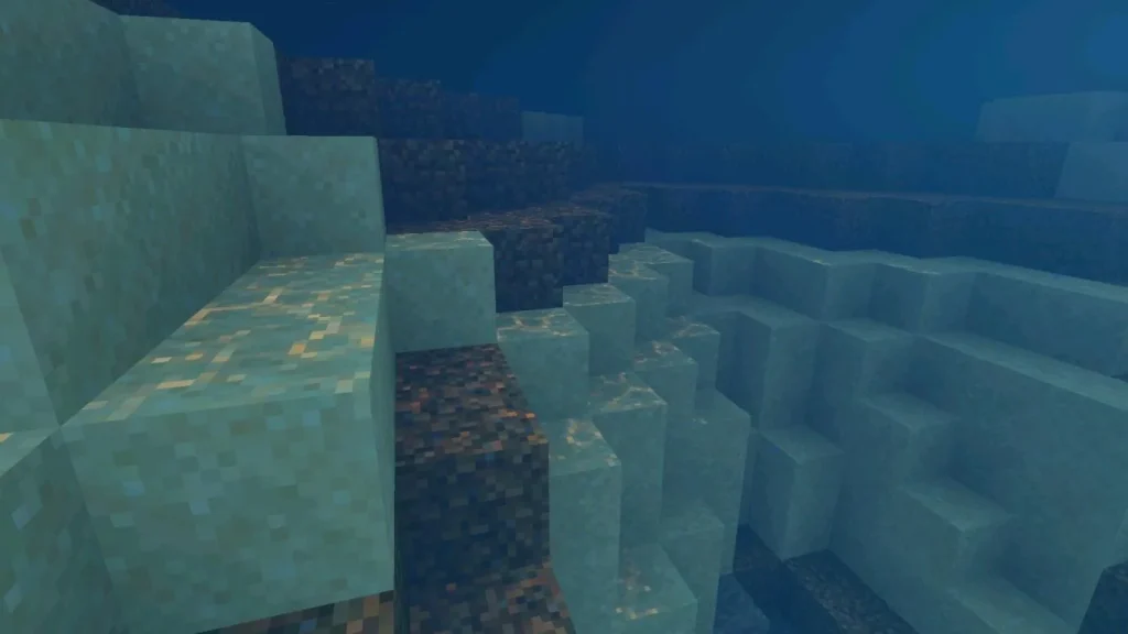 Underwater Minecraft Bedrock gameplay with Vibrant Visuals enabled on Android, displaying realistic water fog, enhanced light scattering, detailed underwater terrain blocks, and improved visibility effects beneath the ocean surface.