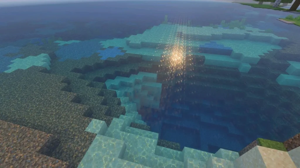 Minecraft Vibrant Visuals water reflections on Android showing a clear ocean shoreline with reflective sunlight, enhanced underwater lighting, realistic transparency, and improved Bedrock Edition environmental graphics.
