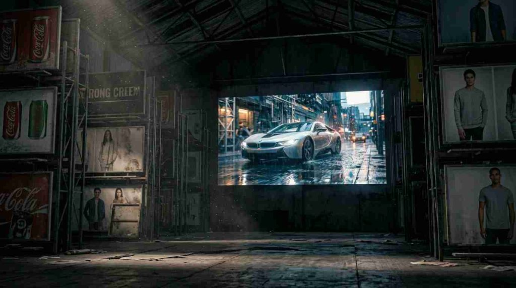 Futuristic motion-based digital advertising display inside a dark industrial media studio featuring a cinematic luxury electric sports car video on a massive LED screen, surrounded by static fashion and billboard campaign posters, symbolizing the shift from traditional static marketing assets to AI-powered motion content and immersive video advertising for modern creative teams.