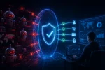 Futuristic cybersecurity illustration showing a glowing digital security shield blocking malicious bot traffic in real time. Red robotic bots and suspicious automated traffic attempt to penetrate a blue AI-powered protection barrier on the left side, while safe verified user activity flows securely on the right side. A cybersecurity analyst monitors live analytics dashboards and network activity from a workstation with graphs, world maps, login security icons, e-commerce symbols, and fraud detection indicators. The scene uses neon blue and red cyberpunk lighting to represent bot mitigation services, fake traffic prevention, fraud detection, account protection, and real-time web security for modern businesses.