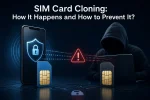 A cybersecurity-themed image showing a secure smartphone protected by a digital shield and padlock on the left, while a hooded cybercriminal uses a laptop on the right to attempt SIM card cloning. Two SIM cards are connected by streams of binary data, with a red warning symbol in the center highlighting the security threat. The dark blue technology-inspired background represents telecom fraud, mobile security risks, identity theft, OTP interception, SIM swapping, and cybercrime prevention.