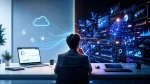 A futuristic business workspace illustrating the contrast between simple and complex technology systems, with a business owner choosing between a clean minimal dashboard and advanced data-driven AI interfaces, representing decision-making in tech adoption for performance and growth.
