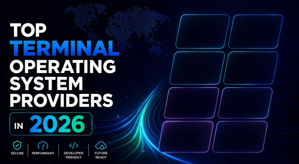 Futuristic digital banner showing Top Terminal Operating System Providers in 2026 with neon UI panels, glowing data streams, world map background, and icons representing secure, high-performance, developer-friendly, and future-ready terminal OS platforms.