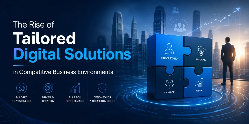 Business technology concept showing tailored digital solutions for enterprise growth, featuring modular puzzle blocks labeled understand, innovate, develop, and grow against a futuristic city skyline. The image represents custom software development, scalable web applications, cloud-native architecture, AI readiness, enterprise-grade systems, business automation, and digital transformation strategies for competitive business environments.