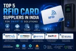 Futuristic featured image showing the top 5 RFID card suppliers in India for smart ID solutions, featuring RFID access control cards, contactless authentication technology, smart attendance systems, biometric security integration, and digital access management for schools, offices, healthcare, hospitality, and enterprise security applications.