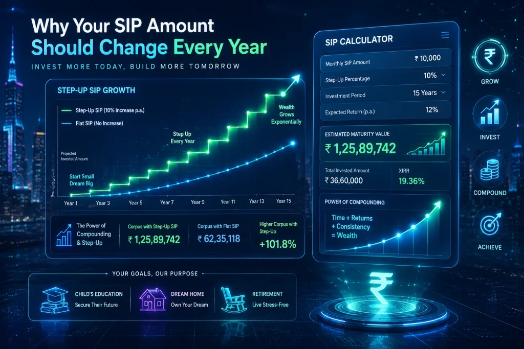Fintech-themed image showing a digital SIP calculator, growing step-up SIP investment chart, rupee symbols, financial analytics dashboard, and wealth compounding visualization representing annual SIP increases and long-term investment growth planning