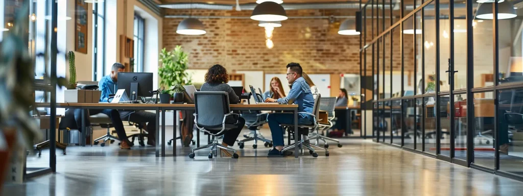 Modern agency office with project managers and team members collaborating at shared workstations, illustrating improved teamwork, resource coordination, and project management efficiency through advanced Enterprise Resource Planning (ERP) systems.
