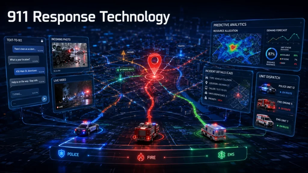 A futuristic 911 emergency response technology ecosystem visualizing how modern 911 operators locate callers, manage incidents, and coordinate emergency services. At the center of the image, a large GPS location marker highlights a precise emergency location on a digital city map. Surrounding the map are advanced emergency communication interfaces including text-to-911 messaging, incoming emergency photo and video feeds, Computer-Aided Dispatch (CAD) incident management panels, GIS mapping layers with optimized response routes, and AI-powered predictive analytics dashboards. Connected police, fire, and EMS vehicles are shown receiving real-time dispatch instructions through integrated communication networks. The visualization demonstrates Enhanced 911 (E911) location tracking, Next Generation 911 (NG911) multimedia communications, geographic information systems, multi-agency coordination, and predictive resource allocation technologies used in modern emergency response centers.