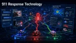 A futuristic 911 emergency response technology ecosystem visualizing how modern 911 operators locate callers, manage incidents, and coordinate emergency services. At the center of the image, a large GPS location marker highlights a precise emergency location on a digital city map. Surrounding the map are advanced emergency communication interfaces including text-to-911 messaging, incoming emergency photo and video feeds, Computer-Aided Dispatch (CAD) incident management panels, GIS mapping layers with optimized response routes, and AI-powered predictive analytics dashboards. Connected police, fire, and EMS vehicles are shown receiving real-time dispatch instructions through integrated communication networks. The visualization demonstrates Enhanced 911 (E911) location tracking, Next Generation 911 (NG911) multimedia communications, geographic information systems, multi-agency coordination, and predictive resource allocation technologies used in modern emergency response centers.
