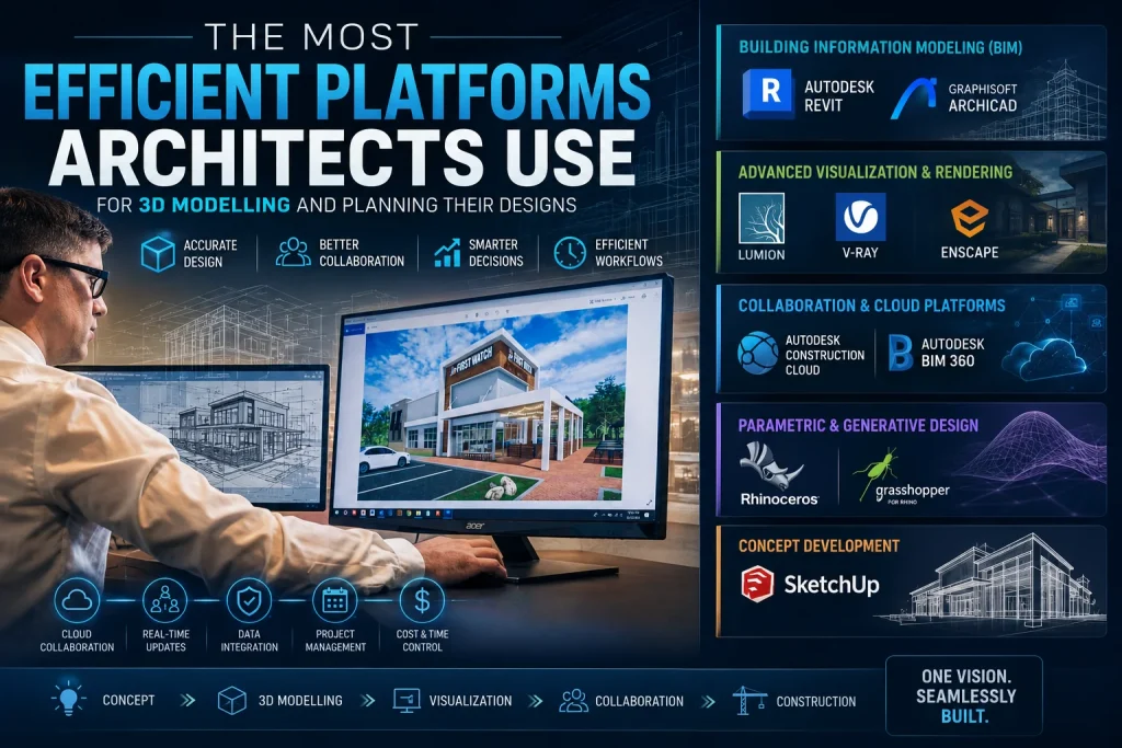 Architect evaluating a modern building design on a computer screen alongside BIM, 3D modelling, rendering, cloud collaboration, parametric design, and architectural planning platforms including Revit, ArchiCAD, Lumion, V-Ray, Enscape, Autodesk Construction Cloud, BIM 360, Rhino, Grasshopper, and SketchUp.