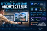 Architect evaluating a modern building design on a computer screen alongside BIM, 3D modelling, rendering, cloud collaboration, parametric design, and architectural planning platforms including Revit, ArchiCAD, Lumion, V-Ray, Enscape, Autodesk Construction Cloud, BIM 360, Rhino, Grasshopper, and SketchUp.
