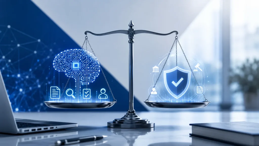 Automated compliance powered by artificial intelligence. A balanced scale with AI automation, governance controls, security protection, risk management, regulatory oversight, compliance monitoring, audit readiness, data privacy safeguards, and human oversight in a modern blue-and-white enterprise technology environment.