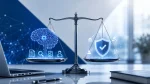 Automated compliance powered by artificial intelligence. A balanced scale with AI automation, governance controls, security protection, risk management, regulatory oversight, compliance monitoring, audit readiness, data privacy safeguards, and human oversight in a modern blue-and-white enterprise technology environment.