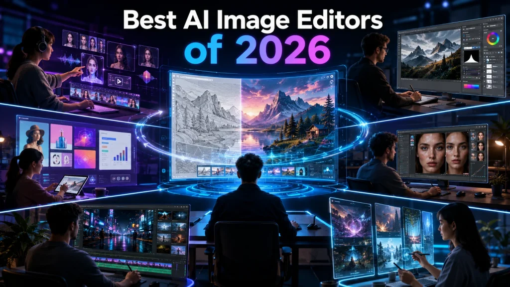 A visual comparison of the best AI image editors of 2026, highlighting image generation, photo enhancement, AI editing, image-to-video creation, and unified creative workflows. At the center, a large holographic image canvas transforms a rough sketch into a polished landscape illustration, symbolizing AI-assisted image generation and enhancement. Surrounding the central display are multiple interconnected creative zones representing professional image editing, marketing content creation, photo enhancement, facial transformation, image-to-video workflows, and AI-powered visual storytelling. Designers, marketers, developers, and content creators collaborate with advanced AI systems through sleek holographic interfaces.