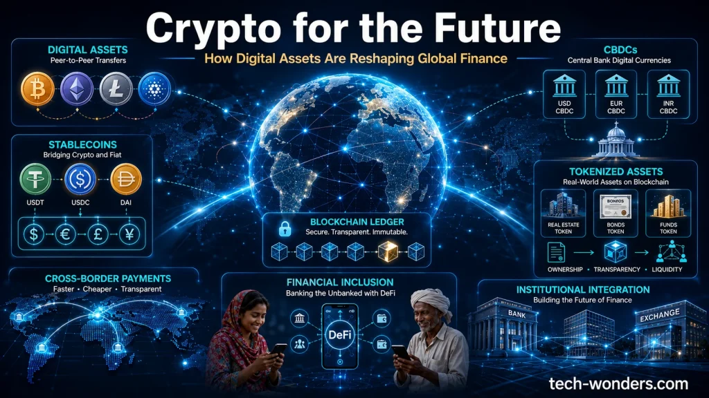 Futuristic fintech illustration titled Crypto for the Future: How Digital Assets Are Reshaping Global Finance. A glowing digital globe at the center is connected by blockchain nodes, secure data pathways, and cross-border payment networks spanning continents. Surrounding the globe are visual representations of digital assets, including cryptocurrencies for peer-to-peer transfers, stablecoins linked to fiat currencies, central bank digital currencies (CBDCs) connected to government and banking systems, and tokenized real-world assets such as real estate, bonds, and investment funds. A blockchain ledger panel highlights secure transaction verification and transparent ownership records. Additional sections show global payment corridors, smartphone users accessing decentralized financial services to illustrate financial inclusion, and modern financial institutions integrated with blockchain-based settlement networks. The design features blue and cyan neon lighting, digital grids, world map overlays, and advanced fintech interfaces, conveying secure, transparent, and globally connected digital finance. The website name tech-wonders.com appears in the bottom-right corner.