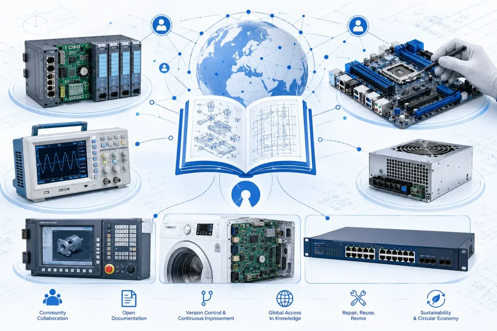 Featured illustration showing decentralized engineering through a global open-source knowledge network connecting repairable hardware, including an industrial PLC control module with exposed circuit boards, a desktop computer motherboard under repair, a vintage oscilloscope, an industrial power supply, a CNC machine controller, a washing machine control board, and a rack-mounted networking device. Exploded engineering drawings flow into a collaborative digital repository, symbolizing right-to-repair, hardware restoration, engineering documentation, sustainability, electronic repair, circular economy, and community-driven technical knowledge sharing.