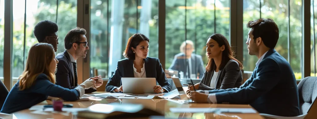 Project management team collaborating in a business meeting, discussing strategy, resource allocation, and workflow planning to improve efficiency through an advanced Enterprise Resource Planning (ERP) system.