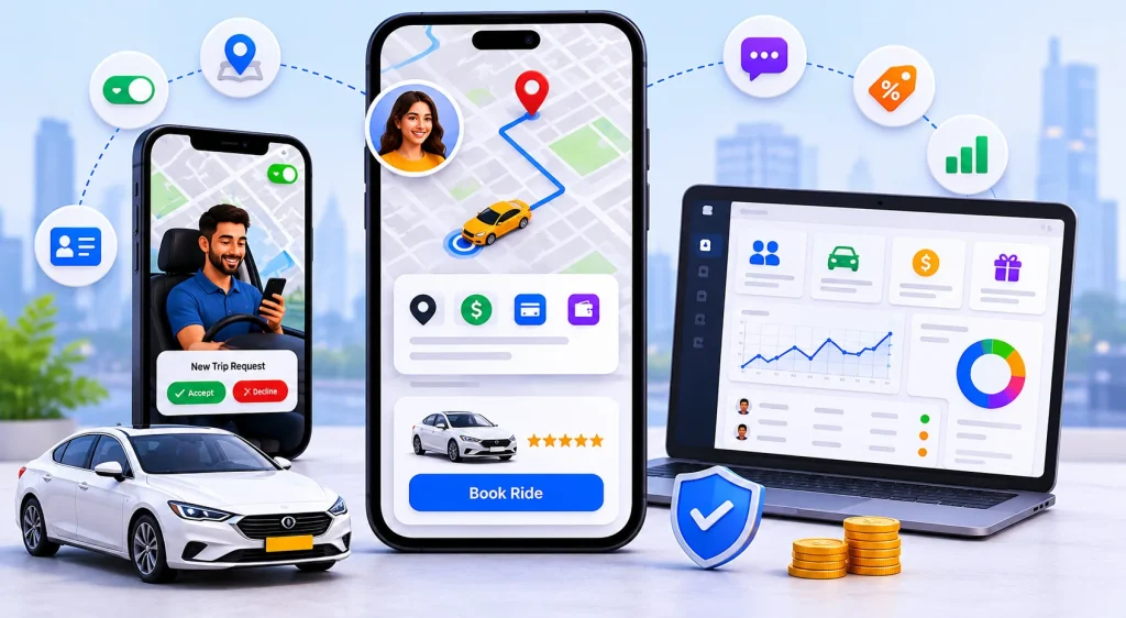 White-Label Uber Clone platform showing the passenger app, driver app, admin dashboard, ride booking interface, GPS navigation, secure payments, analytics, and fleet management features for modern ride-hailing businesses.