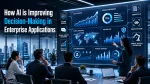 Business executives collaborate in a modern corporate boardroom while reviewing AI-powered enterprise analytics on a large digital dashboard. The display highlights key artificial intelligence technologies, including machine learning, natural language processing, predictive analytics, generative AI, computer vision, and robotic process automation. Blue-and-white data visualizations show sales forecasts, global operations, risk analysis, customer insights, and financial performance metrics, illustrating how AI helps organizations make faster, smarter, and data-driven business decisions.