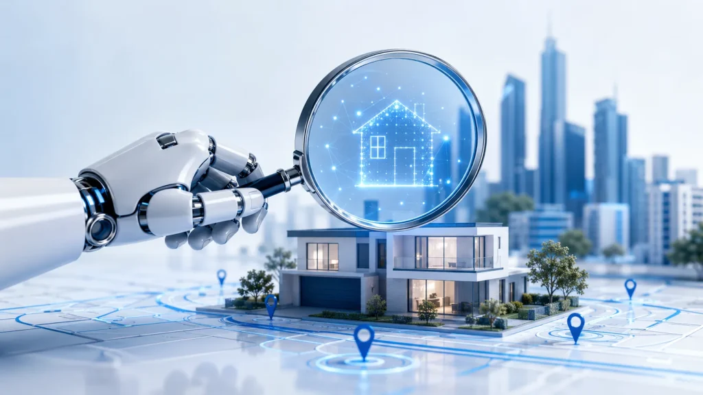 Artificial intelligence analyzing a modern residential property using predictive data and market intelligence to help investors identify profitable real estate opportunities.