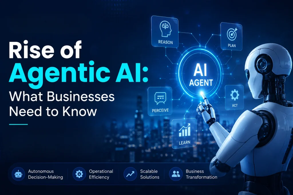 Rise of Agentic AI illustration showing an autonomous AI agent that can reason, plan, perceive, learn, and act independently, helping businesses improve decision-making, operational efficiency, scalability, workflow automation, digital transformation, and enterprise productivity through advanced artificial intelligence.