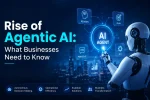 Rise of Agentic AI illustration showing an autonomous AI agent that can reason, plan, perceive, learn, and act independently, helping businesses improve decision-making, operational efficiency, scalability, workflow automation, digital transformation, and enterprise productivity through advanced artificial intelligence.