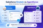 Salesforce Einstein vs Agentforce comparison infographic illustrating the differences between Salesforce AI solutions for business automation and customer relationship management. The left side highlights Salesforce Einstein with AI-powered insights, predictive analytics, lead scoring, data-driven decision-making, and embedded Salesforce CRM intelligence displayed on a dashboard. The right side showcases Agentforce with autonomous AI agents, workflow automation, customer support automation, real-time task execution, scalable AI operations, and Agentforce Studio workflow orchestration. The visual emphasizes Insights that Empower vs. Agents that Act, helping businesses evaluate whether Salesforce Einstein or Agentforce is the better AI platform for predictive intelligence, customer engagement, workflow automation, and operational efficiency.