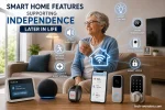 Senior woman in a modern smart home using connected technologies that support independent living. The image features a voice assistant, smart display with medication reminders, wearable emergency alert device, health monitoring smartphone app, smart thermostat, smart lighting, motion sensors, video doorbell, and smart lock. Connected smart home icons illustrate how technology enhances safety, health, comfort, and autonomy for older adults aging in place. Tech-wonders.com branding appears in the bottom-right corner.