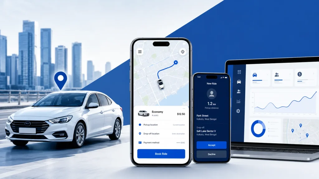 White-label taxi app platform featuring a passenger ride-booking app, driver app, admin management dashboard, and connected vehicle, representing ride-hailing software solutions for first-time founders launching a taxi business.
