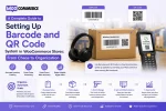 WooCommerce barcode and QR code management system illustration showing a warehouse inventory workflow with barcode labels, QR codes, shipping boxes, wireless headphones product packaging, and a handheld barcode scanner. The graphic demonstrates how WooCommerce stores can use barcode and QR code systems for accurate inventory tracking, faster order processing, real-time stock synchronization, order fulfillment, product identification, warehouse management, and eCommerce automation. Visual workflow includes barcode generation, label printing, scanning, WooCommerce synchronization, and inventory control to improve operational efficiency and reduce fulfillment errors.