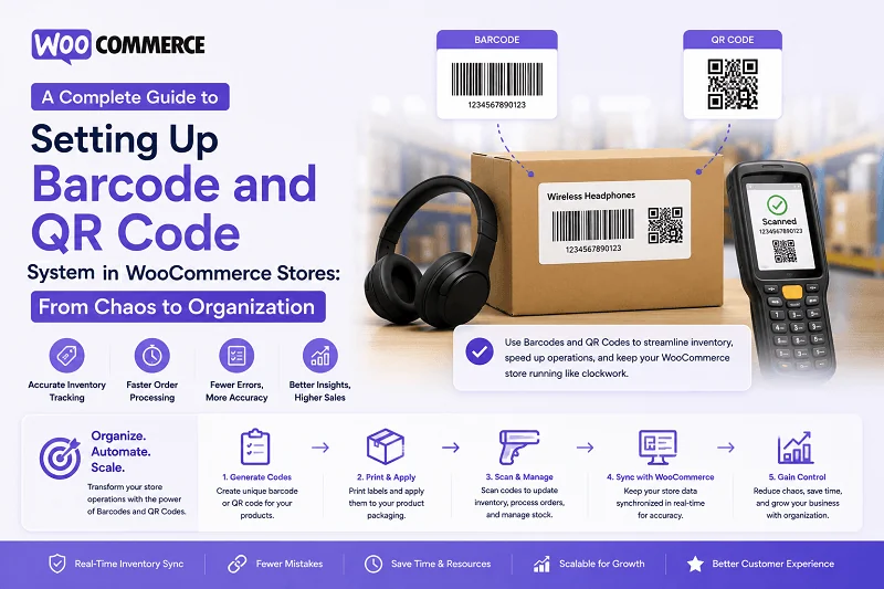 A Complete Guide to Setting Up Barcode and QR Code System in WooCommerce Stores: From Chaos to Organization. WooCommerce barcode and QR code system setup for inventory tracking, order management, barcode scanning, label printing, and warehouse automation in online stores.