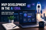 AI MVP development concept featuring a startup MVP dashboard, AI-powered application, and symbolic minimum viable product launch, illustrating how startups build, test, and launch products faster.