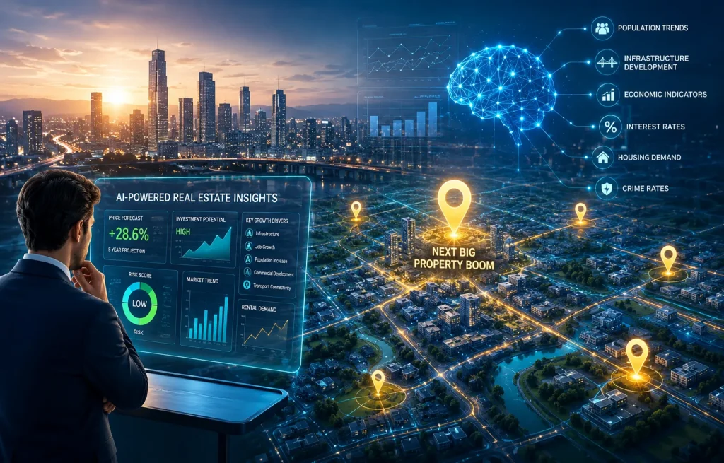 AI-powered real estate investment dashboard analyzing property hotspots, predictive analytics, housing demand, infrastructure growth, and emerging real estate investment opportunities in a smart city.