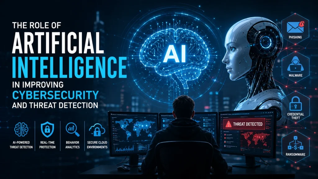 Artificial intelligence improving cybersecurity through real-time threat detection, behavioral analytics, machine learning, phishing protection, malware analysis, cloud security monitoring, identity protection, and AI-powered security operations center.