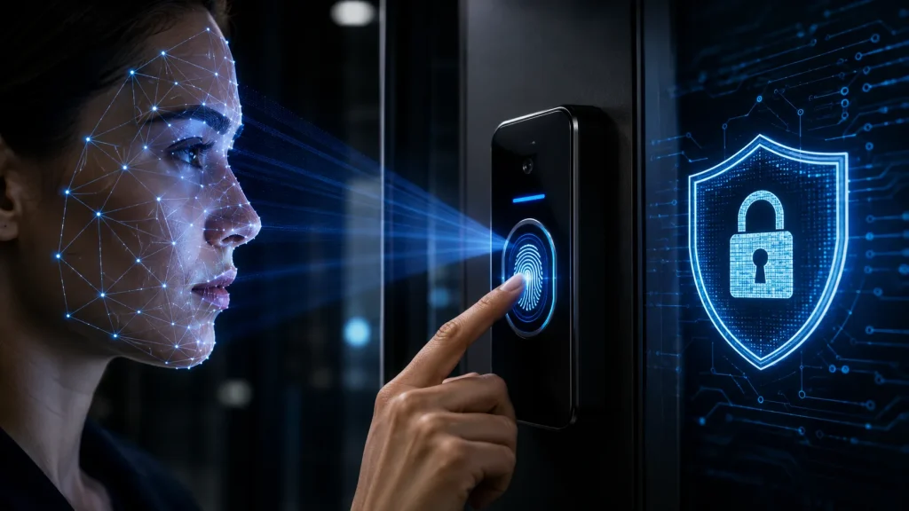 Biometric identity authentication featuring facial recognition, fingerprint scanning, AI-powered cybersecurity, secure access control, and advanced data protection against unauthorized access and deepfake threats.