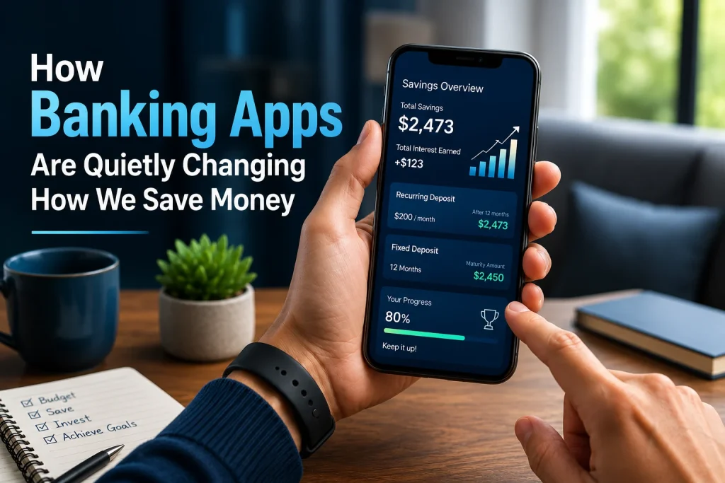 A young professional using a modern mobile banking app on a smartphone to compare recurring deposit and fixed deposit returns, monitor savings growth, track spending insights, view visual financial analytics, and receive AI-powered banking assistance. The image illustrates how digital banking apps are transforming personal savings through transparency, real-time insights, automated notifications, and mobile-first financial management.