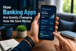 A young professional using a modern mobile banking app on a smartphone to compare recurring deposit and fixed deposit returns, monitor savings growth, track spending insights, view visual financial analytics, and receive AI-powered banking assistance. The image illustrates how digital banking apps are transforming personal savings through transparency, real-time insights, automated notifications, and mobile-first financial management.