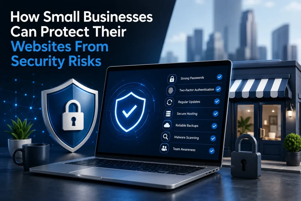 Modern cybersecurity image showing a small business website protected by digital security shields, secure laptop, padlock, and online storefront, representing website security, malware protection, strong passwords, two-factor authentication, secure hosting, backups, and cyber threat prevention for small businesses.